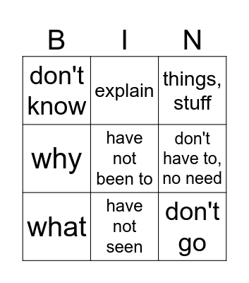 Cantonese class Bingo Card