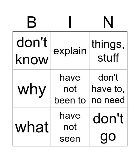 Cantonese class Bingo Card