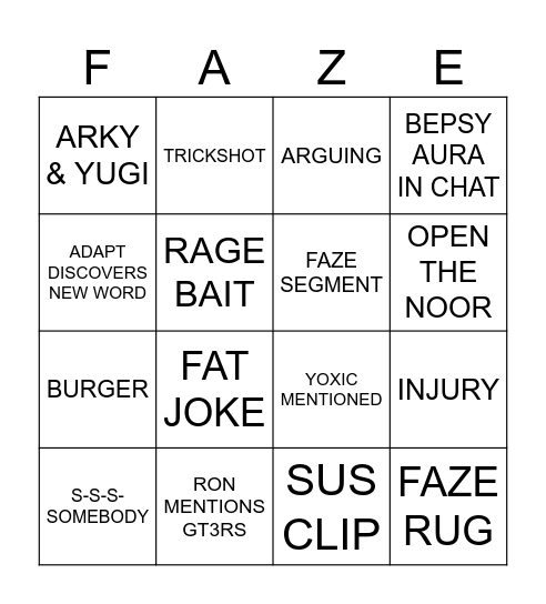 FAZE SUBATHON Bingo Card