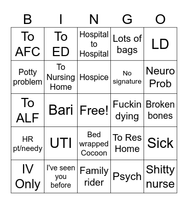 EMS BLS Transport Bingo Card