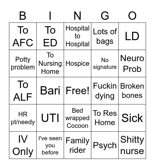 EMS BLS Transport Bingo Card