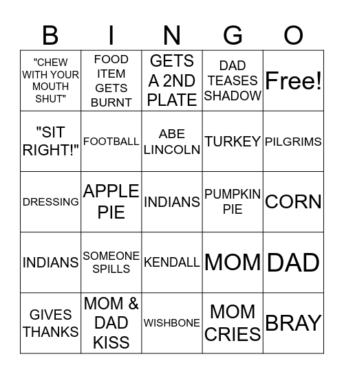 THANKSGIVING 2016 BINGO Card