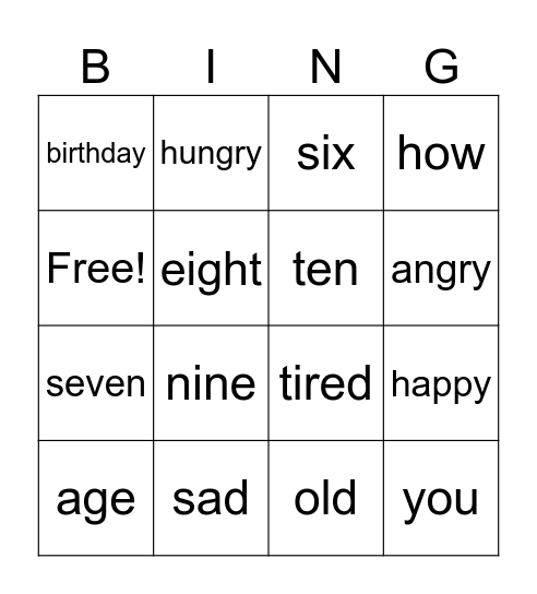 LESSON 8: I'm Happy Bingo Card
