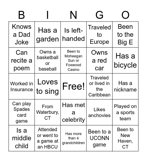 CT Reunion: 1 Person per Answer Bingo Card