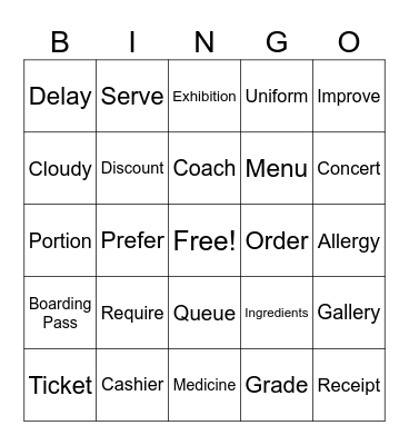 PET Vocabulary Bingo Card