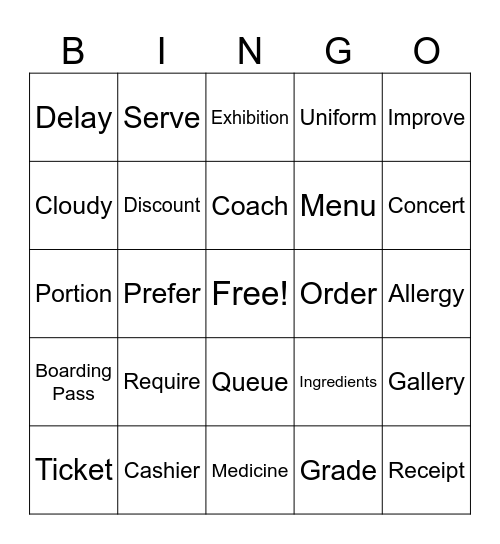 PET Vocabulary Bingo Card