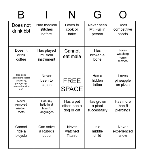 Team's Day Bingo Card