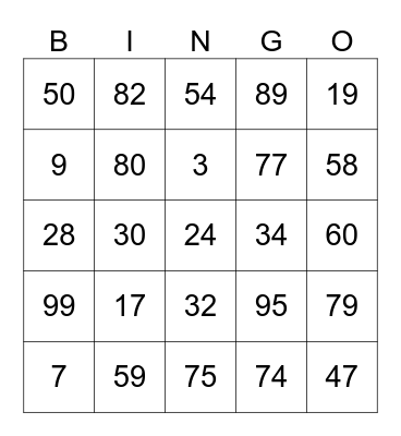 Mental Maths Bingo Card