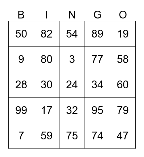 Mental Maths Bingo Card
