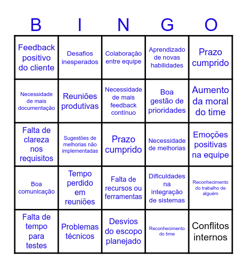 Retrospectiva Scrum Bingo Card
