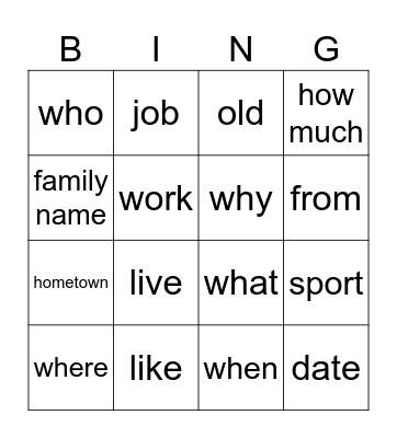 ĐẶT CÂU HỎI Bingo Card