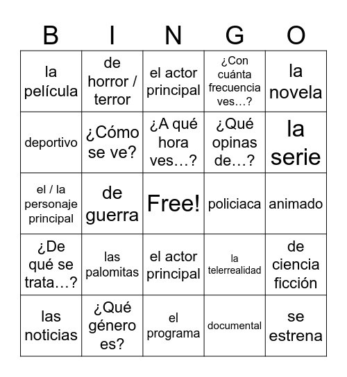 Vocabulario 1.2 Bingo Card