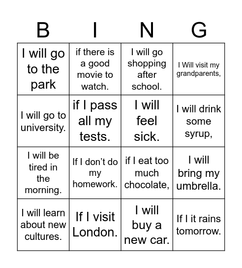 First Conditional Bingo Card