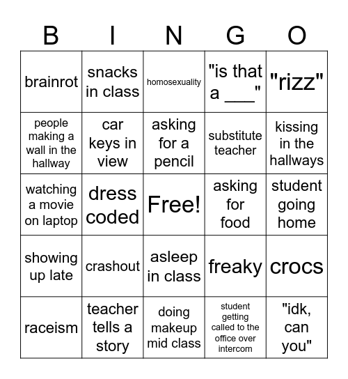 School Bingo Card