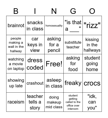 School Bingo Card