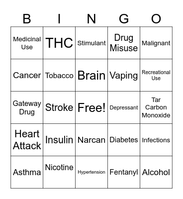Alcohol, Drugs, Tobacco Bingo Card
