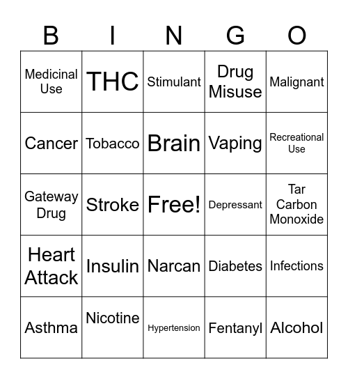 Alcohol, Drugs, Tobacco Bingo Card