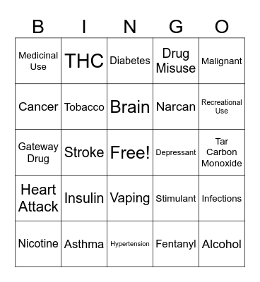 Alcohol, Drugs, Tobacco Bingo Card