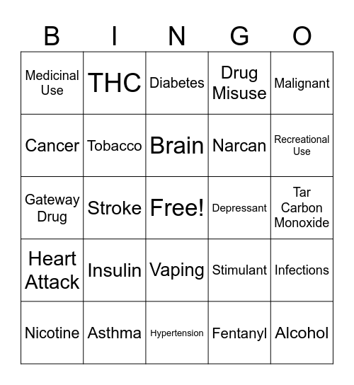 Alcohol, Drugs, Tobacco Bingo Card