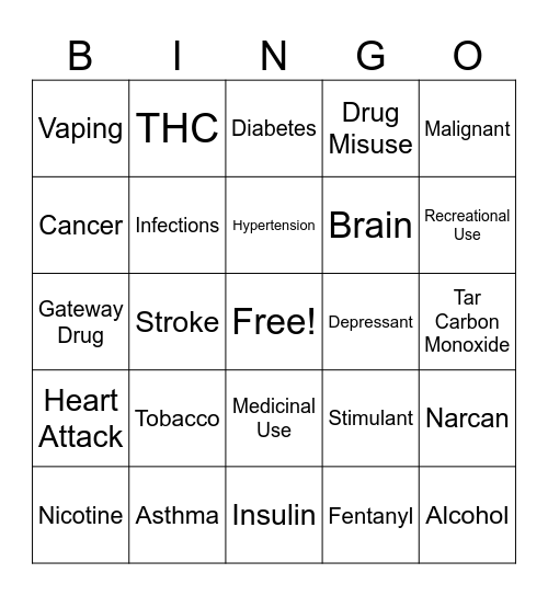 Alcohol, Drugs, Tobacco Bingo Card