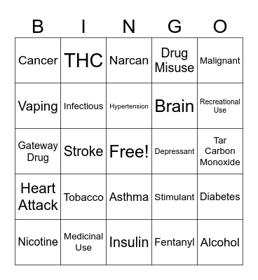 Alcohol, Drugs, Tobacco Bingo Card