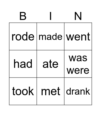 Irregular Verbs Bingo Card