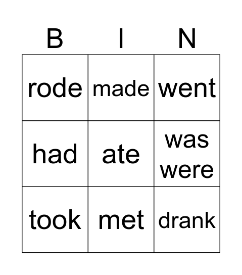 Irregular Verbs Bingo Card