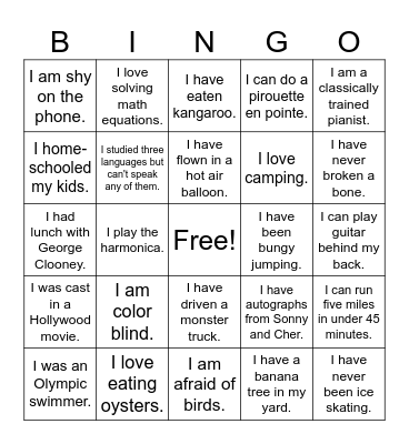Two truths and a lie Bingo Card