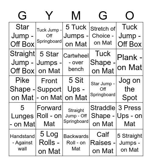 Year 1 GYM-GO!! Bingo Card