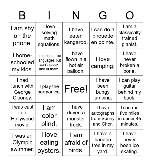 2 truths and a lie Bingo Card