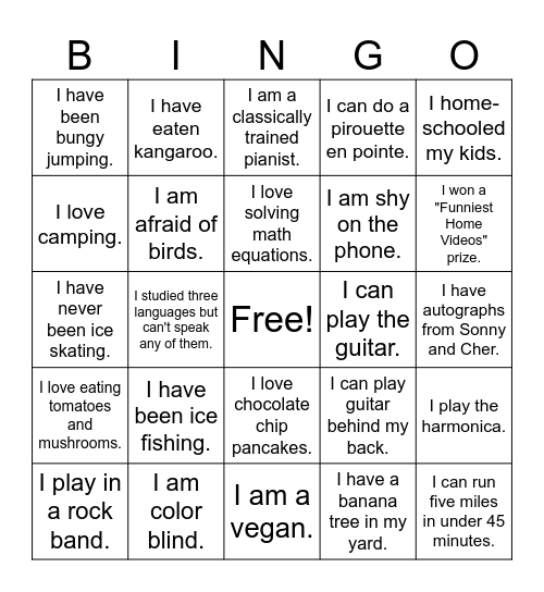 2 truths and a lie Bingo Card