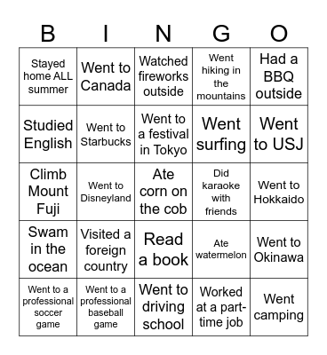 Summer Holidays Bingo Card