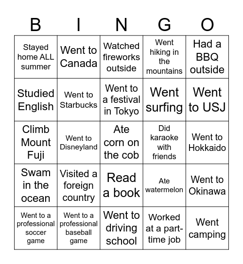 Summer Holidays Bingo Card