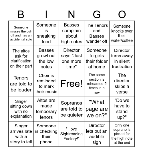 Choir Bingo Card