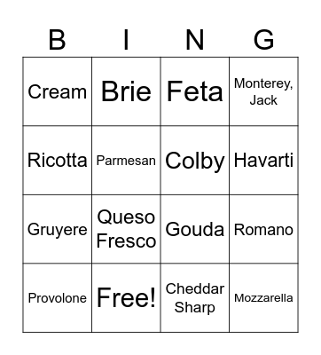 Cheese Identification Bingo Card