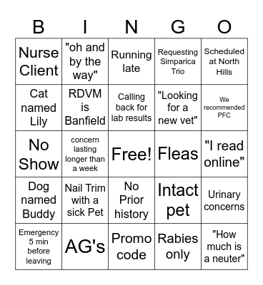 Vet Tech Bingo! Bingo Card
