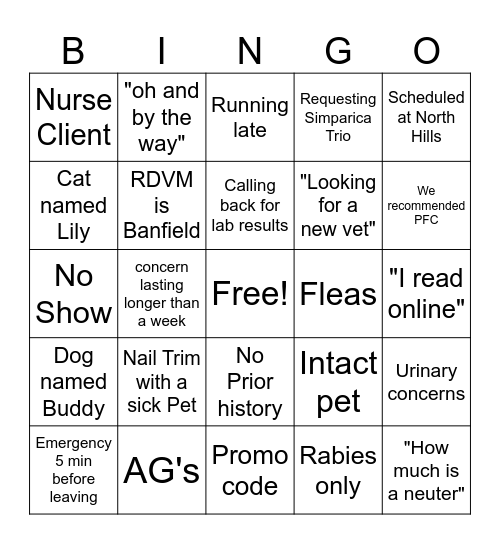 Vet Tech Bingo! Bingo Card
