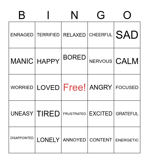 Emotional Regulation Bingo Card