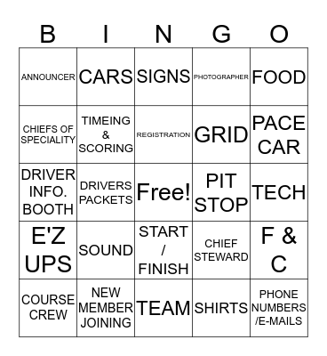 SCCA BINGO Card