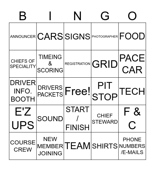SCCA BINGO Card