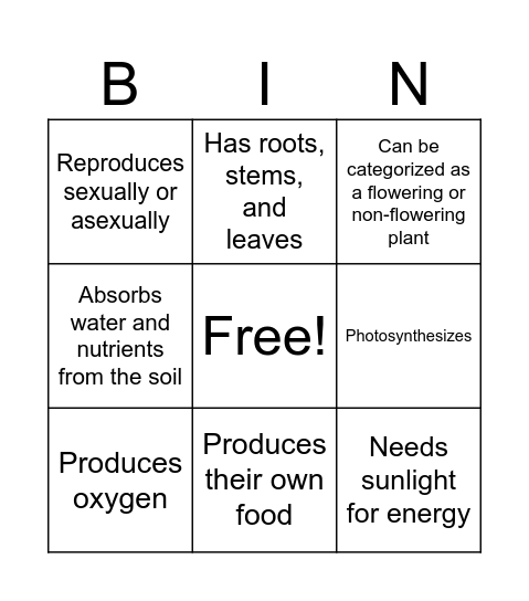Plant Characteristics Bingo Card