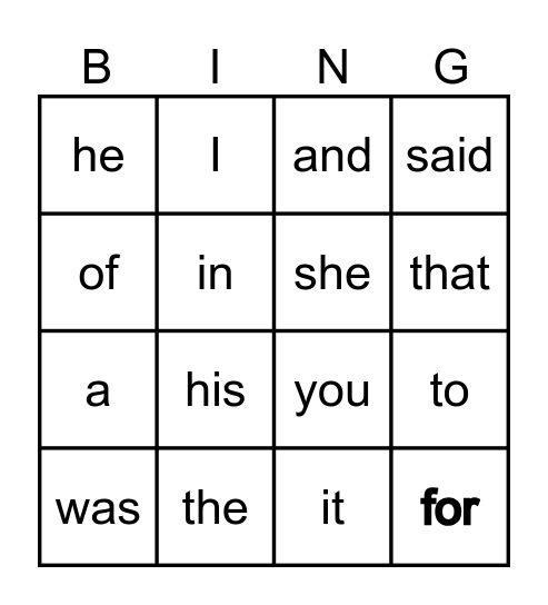 Dolch Week 1 & 2 Bingo Card
