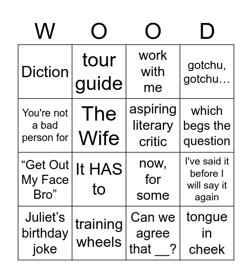 Diction in the Woods Bingo Card