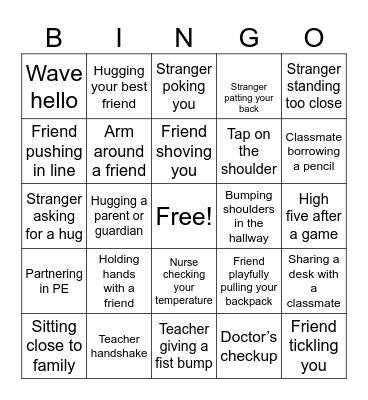 Safe and Unsafe Physical Contact Bingo Card