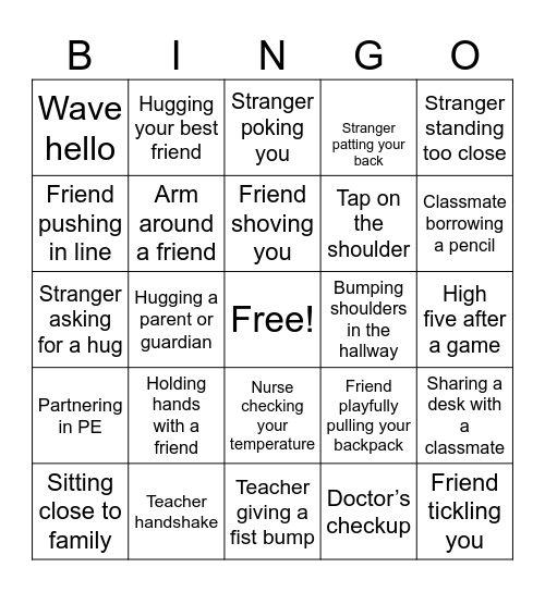 Safe and Unsafe Physical Contact Bingo Card