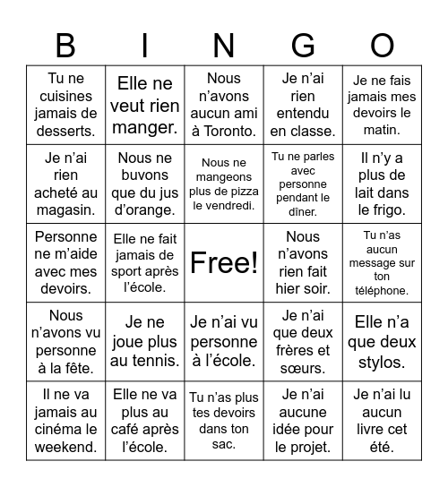 La Négation Bingo Card