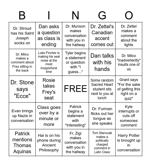 SHSST Bingo Card