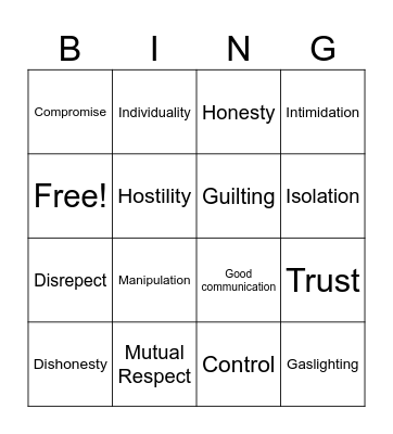 Healthy and Unhealthy Relationship Traits Bingo Card