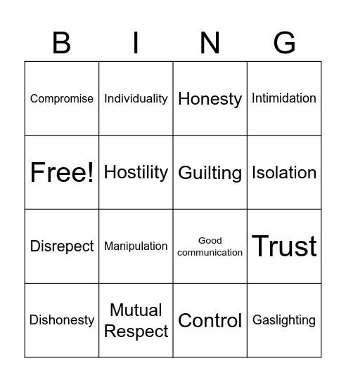 Healthy and Unhealthy Relationship Traits Bingo Card