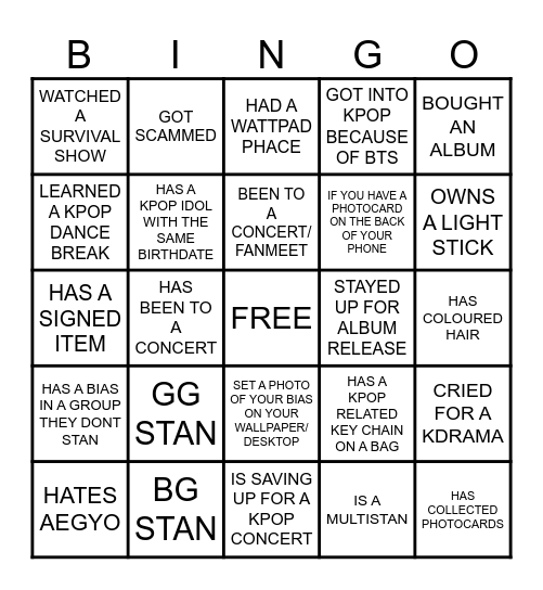 NSU KPOP BINGO NIGHT Bingo Card